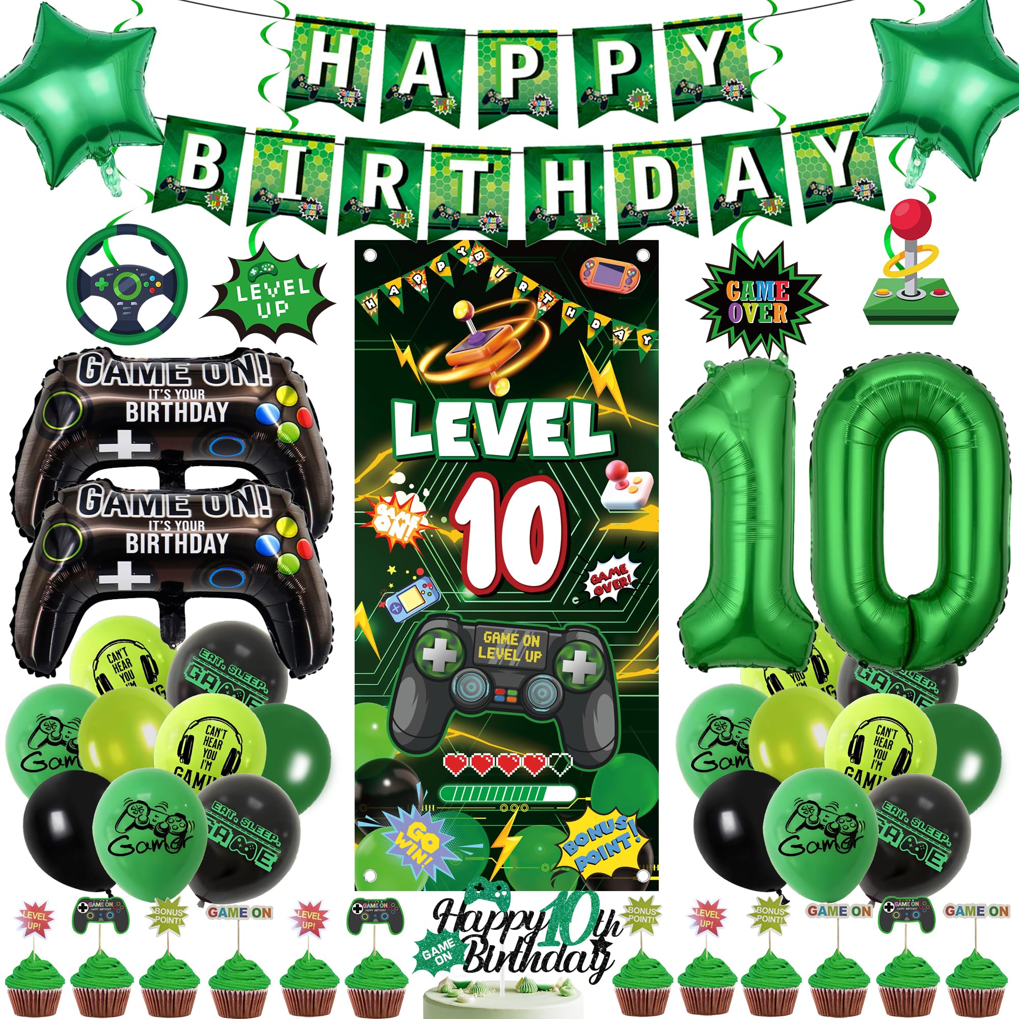 10th Birthday Decorations Video Game - 45 Pcs Green Gaming Birthday Decorations Including Banner, Number 10 Foil Balloon, Backdrop and Cake Toppers for 10 Years Old Party Supplies