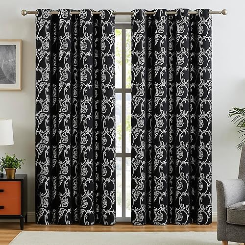 Miniatura 2 de Enactex Cortinas opacas de 95 pulgadas de largo para sala de estar, cortinas de oscurecimiento de habitación con ojales y patrón floral plateado,
