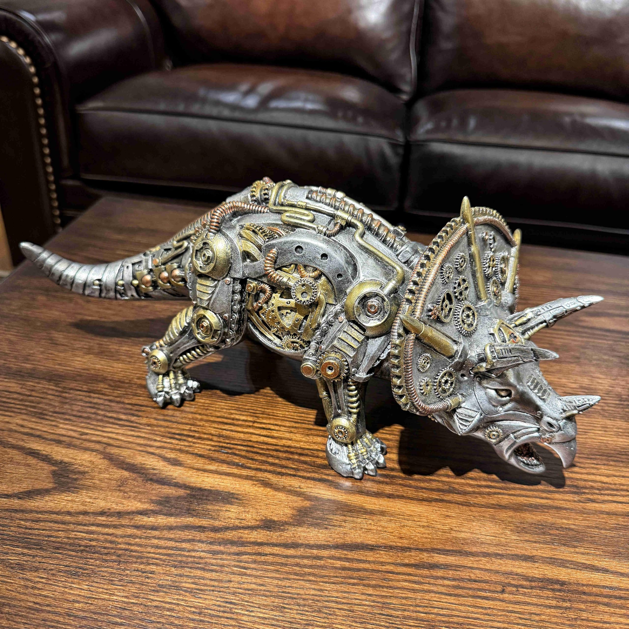 OUTOUR Steampunk Triceratops statuetka dinozaura, 38 cm, długa figurka z żywicy, dekoracja biurka, rzeźba, zwierzę, kolekcja, prezent dla mężczyzn, mężczyzn, dekoracja jaskini
