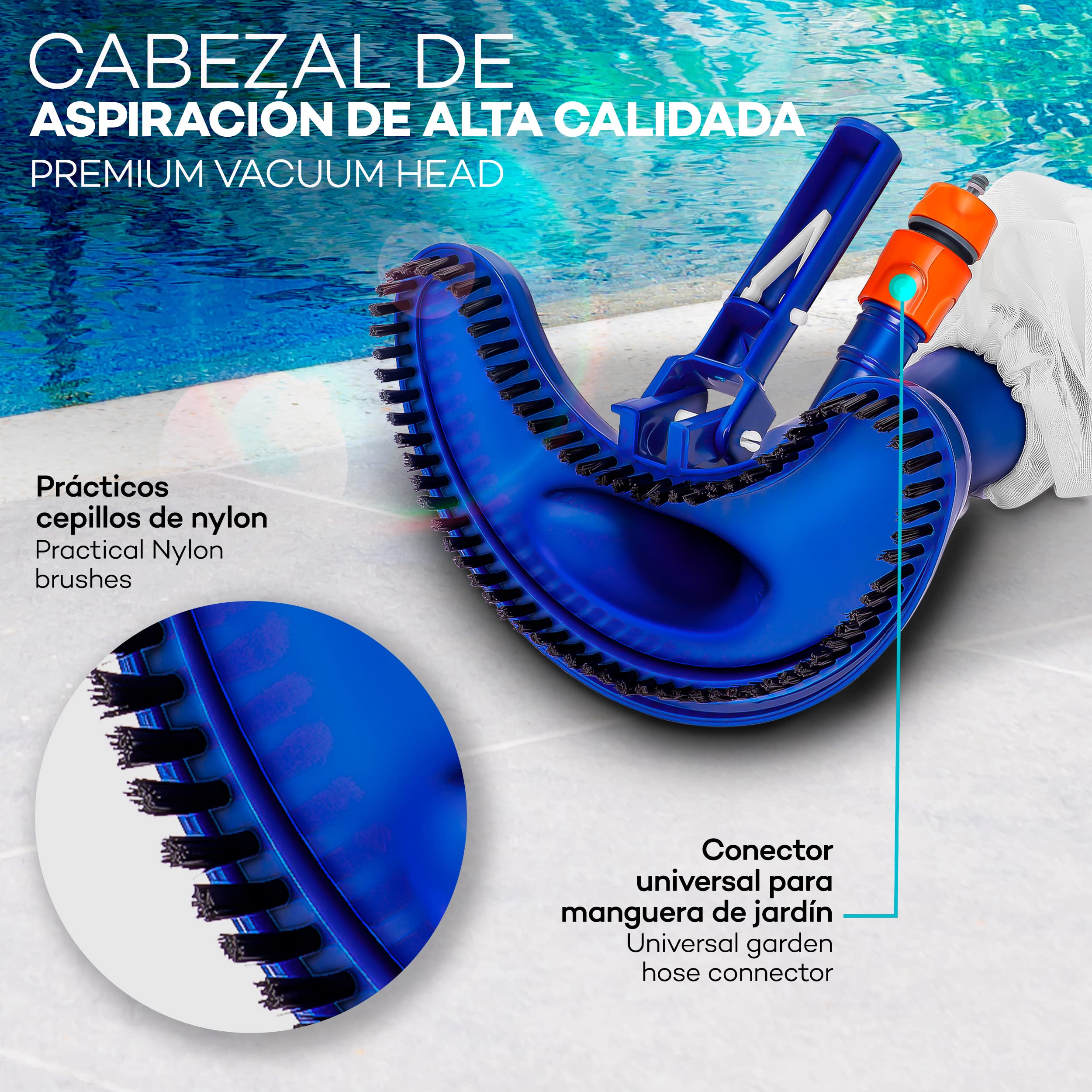 tillvex Kit de Mantenimiento de Piscinas | Set Completo de Aspirador Limpiafondos con Mango Telescópico | Incl. Cepillo, Red de Limpieza, Varilla Extensible (con Mango telescópico)