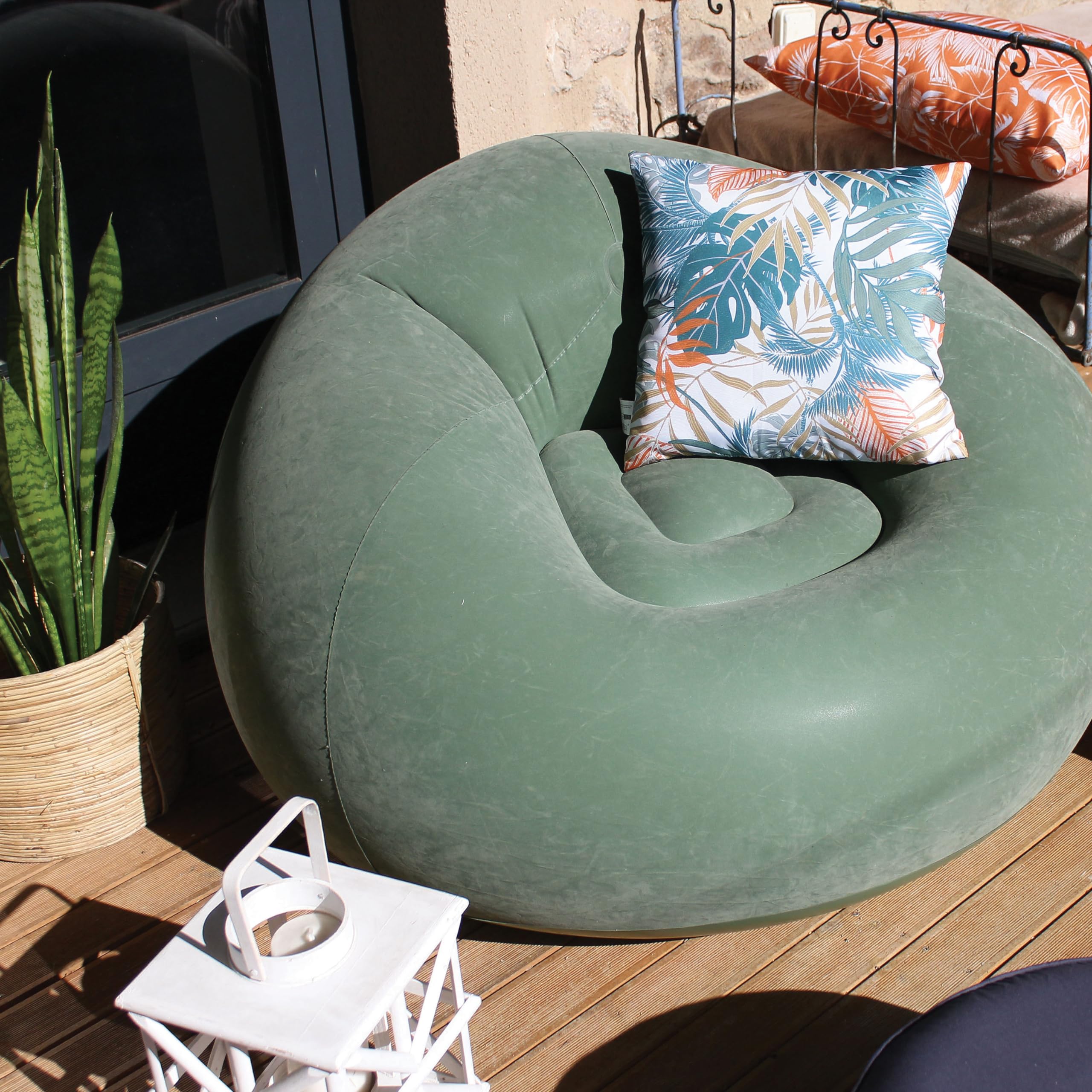 ED Enjoy Home Sillón de Exterior Inflable 100x100 cm, Verde Salvia, 100% PVC Flocké, Colección Jardín Borneo
