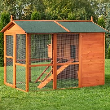 Miweba MyAnimal Hühnerstall MH-15 XXL | 186x146x147 cm - Für 7 Hühner - Nistkasten mit Freilaufgehege - Sitzstange - Winterfest - 2 Ebenen - Hühnerhaus mit Eiablage - Kiefernholz - Voliere (Braun)