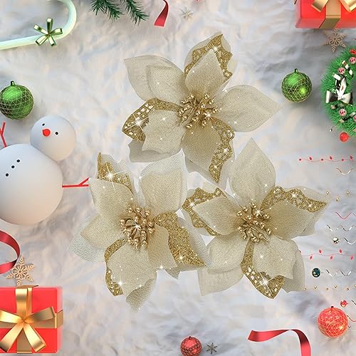 Miniatura 7 de Flores de Pascua artificiales con purpurina y clips de bricolaje para decoración, adornos y coronas de Navidad para decorar árboles de Navidad y