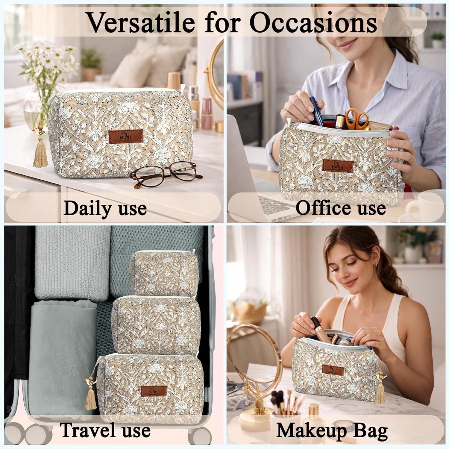 Ridhi Taupe Block Print Designer Toiletry Bag and Makeup Case Set of 3 (10x6x4)(8x5x3.25)(7x4x2.5) - Boho Floral Quilted Pouch for Cosmetics, Skincare Bag, Purse, Travel Gift Spring, Easter