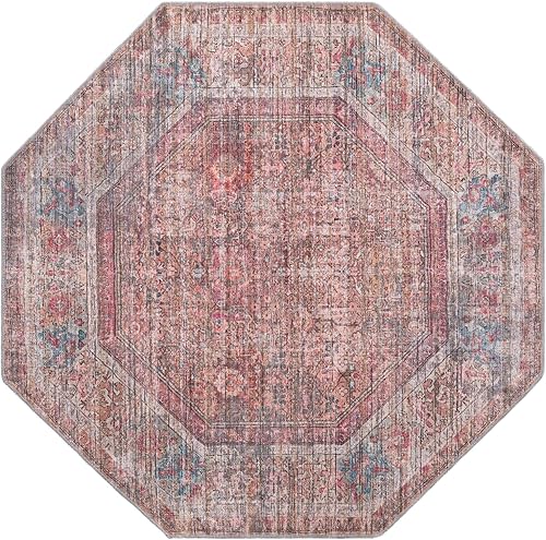 Miniatura 2 de Rugs.com Nostalgia Collection - Alfombra lavable de 5 pies 3 pulgadas, alfombra octagonal de tejido plano rojo óxido y marrón, perfecta para salas