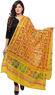 Banjara IndiaBanjara Women's Cotton Stoles & Dupattas Kutchi Bharchak Free Size, Lemon Yellow, One Size