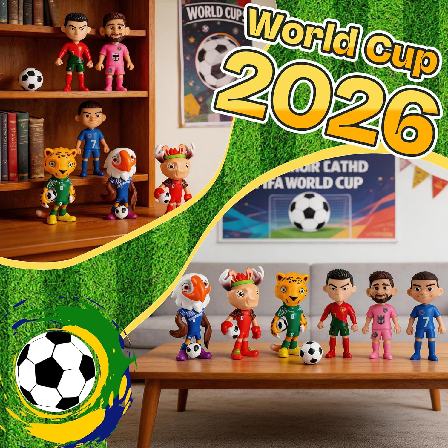 2026 World Cup Mascot and Star Player Style Figures Set of 6, 4 Inch PVC Cartoon Football Character Toys, Sports Collectible Figurines for Kids Fans Party Favors
