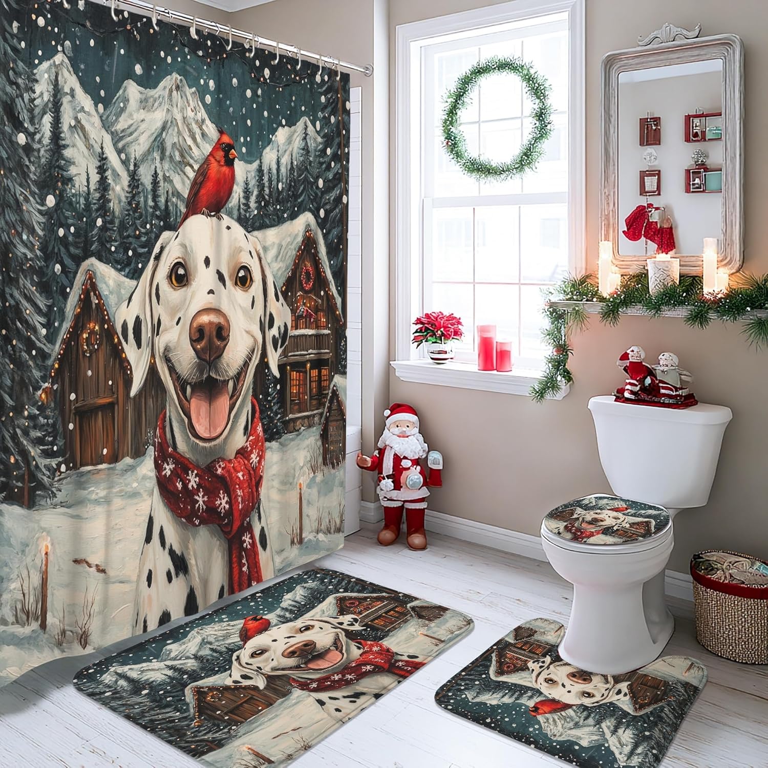 4PCS Christmas Dalmatian Dog Bathroom Sets with Non-Slip Rug, U Shape Toilet Lid Cover Mat, Winter Farmhouse Xmas Puppy Bathroom Decoration 72''x72''