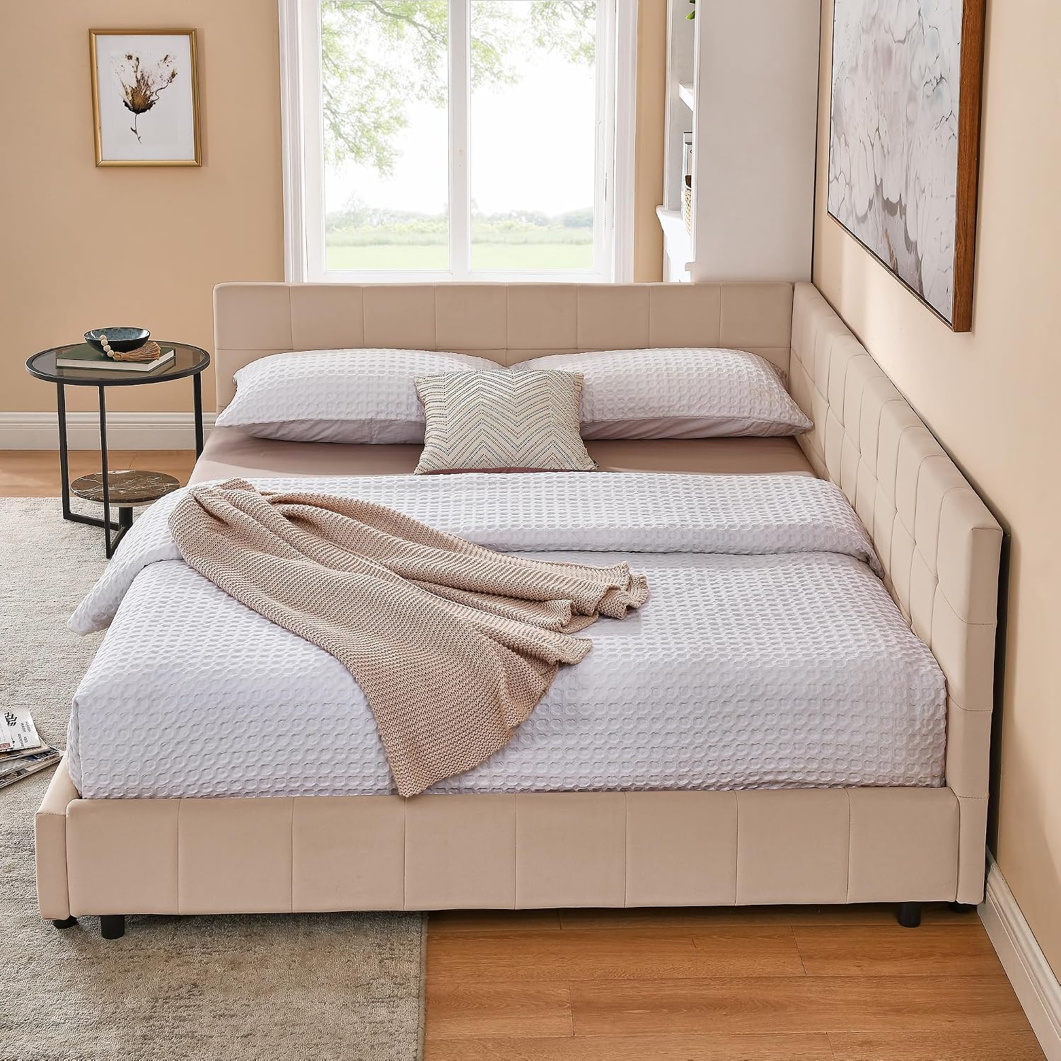 Ball & Cast Queen Size Daybed, Velevet Upholstered Day Bed Frame with Tufted Backrest and Armrests,Solid Wood Slat Support,No Box Spring Needed,Pink