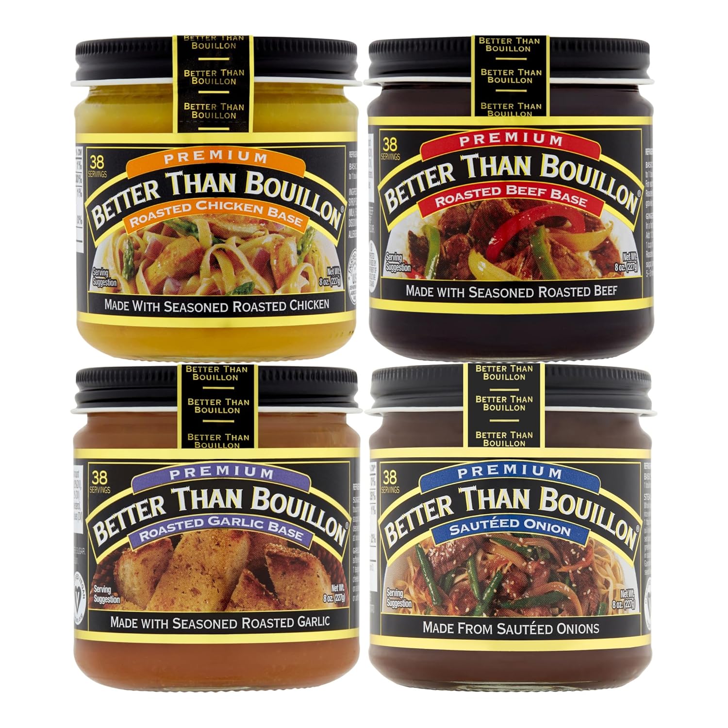 Better Than Bouillon Premium Base Variety Pack, 1 Roasted Chicken Base, 1 Roasted Beef Base, 1 Roasted Garlic Base, 1 Sautéed Onion Base, 8 oz Jars (Pack of 4)