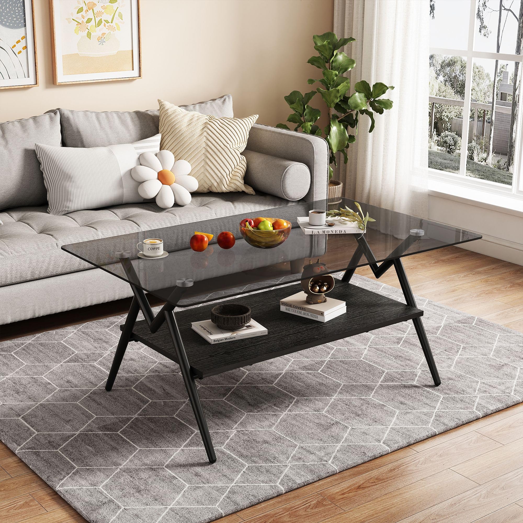 Meihua Modern Coffee Table Rectangle Coffee Table with Tempered Glass Top (Gray Tempered Glass, Black Leg + Black Wood)