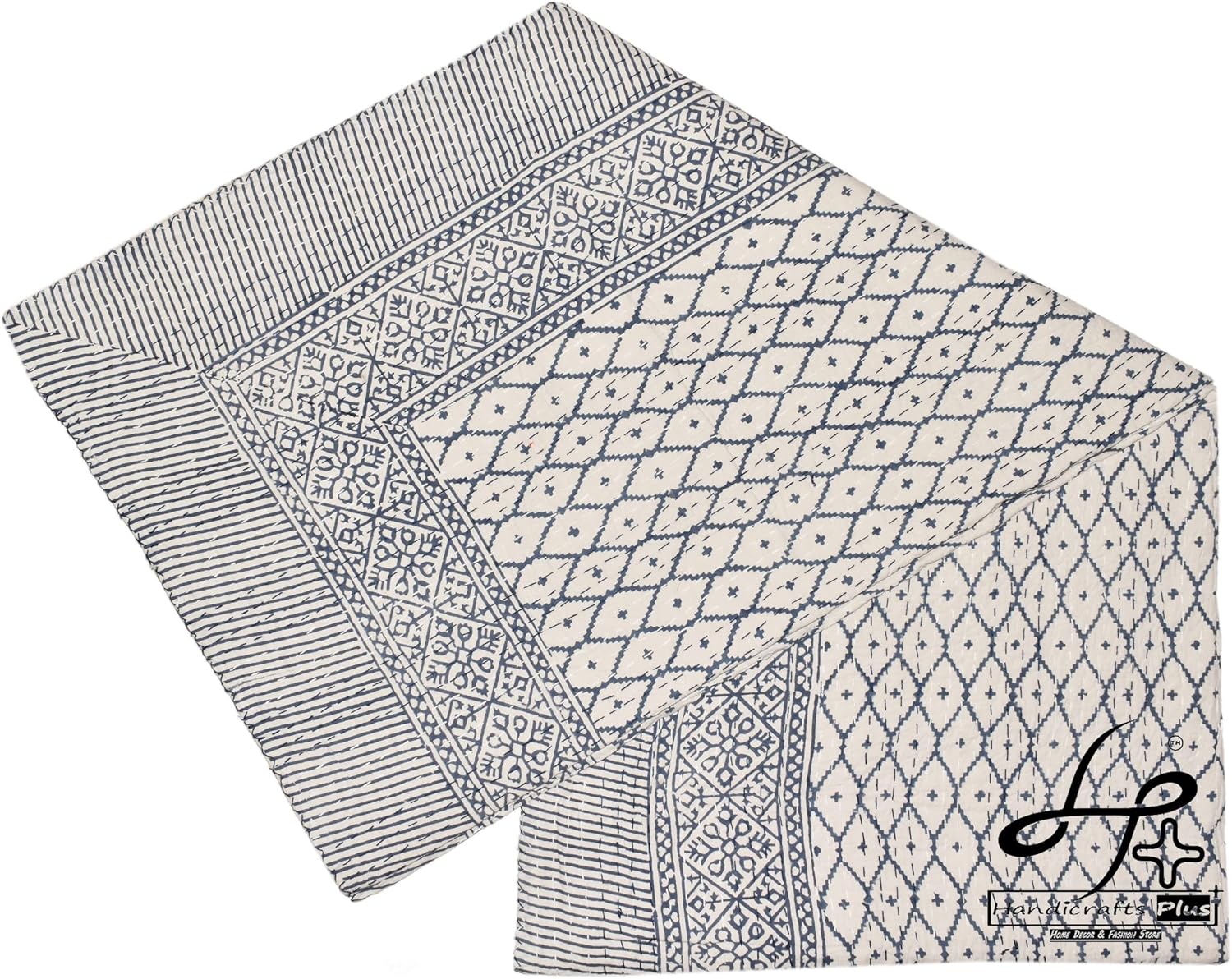 King/Queen Size Cotton Blanket Navy Blue Cotton Kantha Quilt Indian Bedding Bedcover Traditional Throw Hand-Block Print Bedsheet 90X108