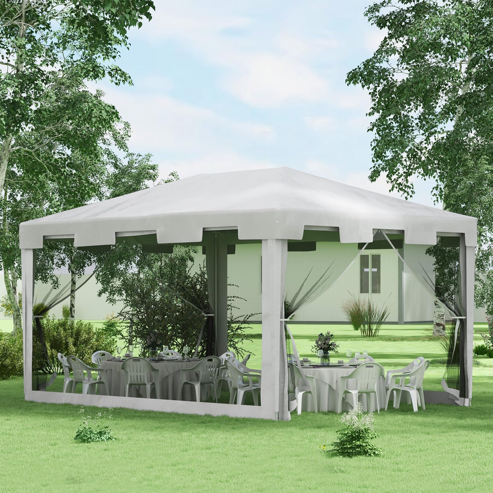 Outsunny Gazebo 4x3 m con Zanzariera e 2 Ingressi, Gazebo da Giardino in Metallo e PE, Bianco e Nero