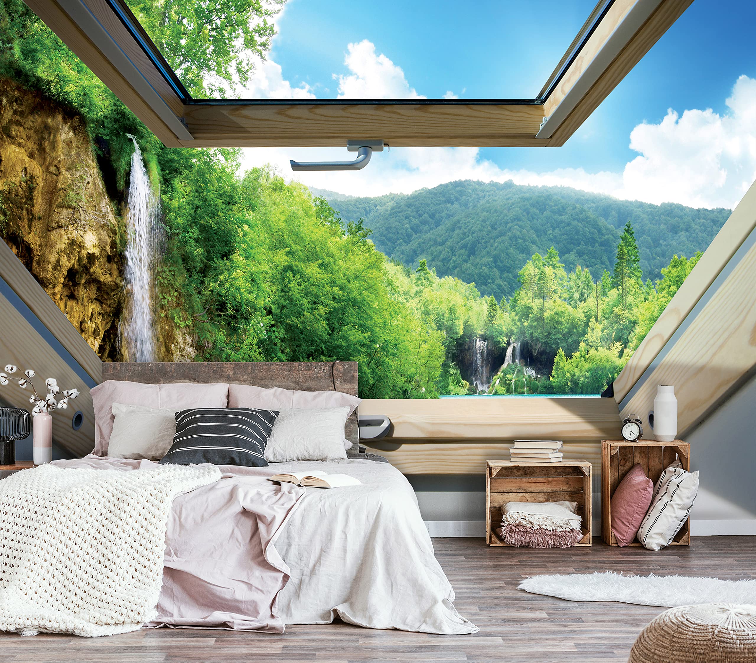 WallArena Vlies Fototapete, Fenster, 254x184cm | Fototapeten - Tapeten - für Wohnzimmer Schlafzimmer - Vliestapete Wandtapete Tapete 3D Effekt- inkl. Kleister
