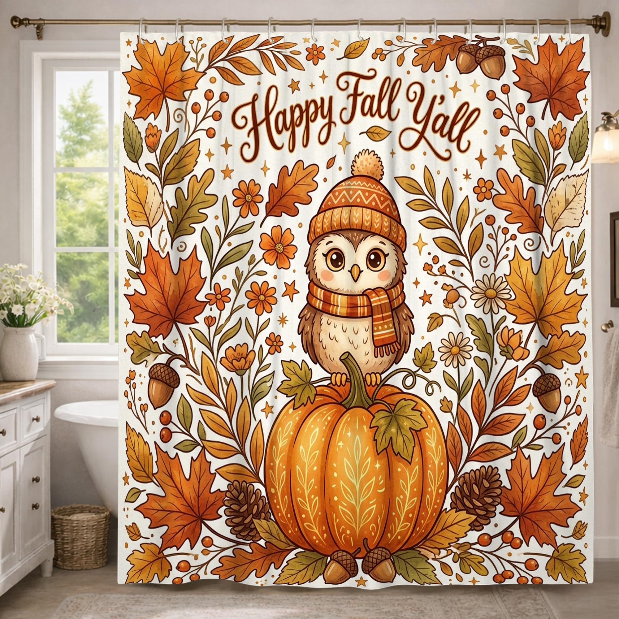 Rideau de douche orange pour décoration de salle de bain automnale 183 x 243 cm hibou