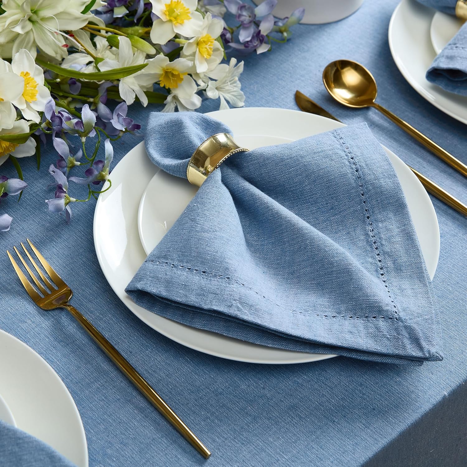 Home Bargains Plus Spring & Easter Holiday Brittany Hemstitch Blue 60 x 120 Inch Cotton Tablecloth – Rectangle Fabric Table Cover, Solid Color, Machine Washable, for Indoor and Outdoor Dining