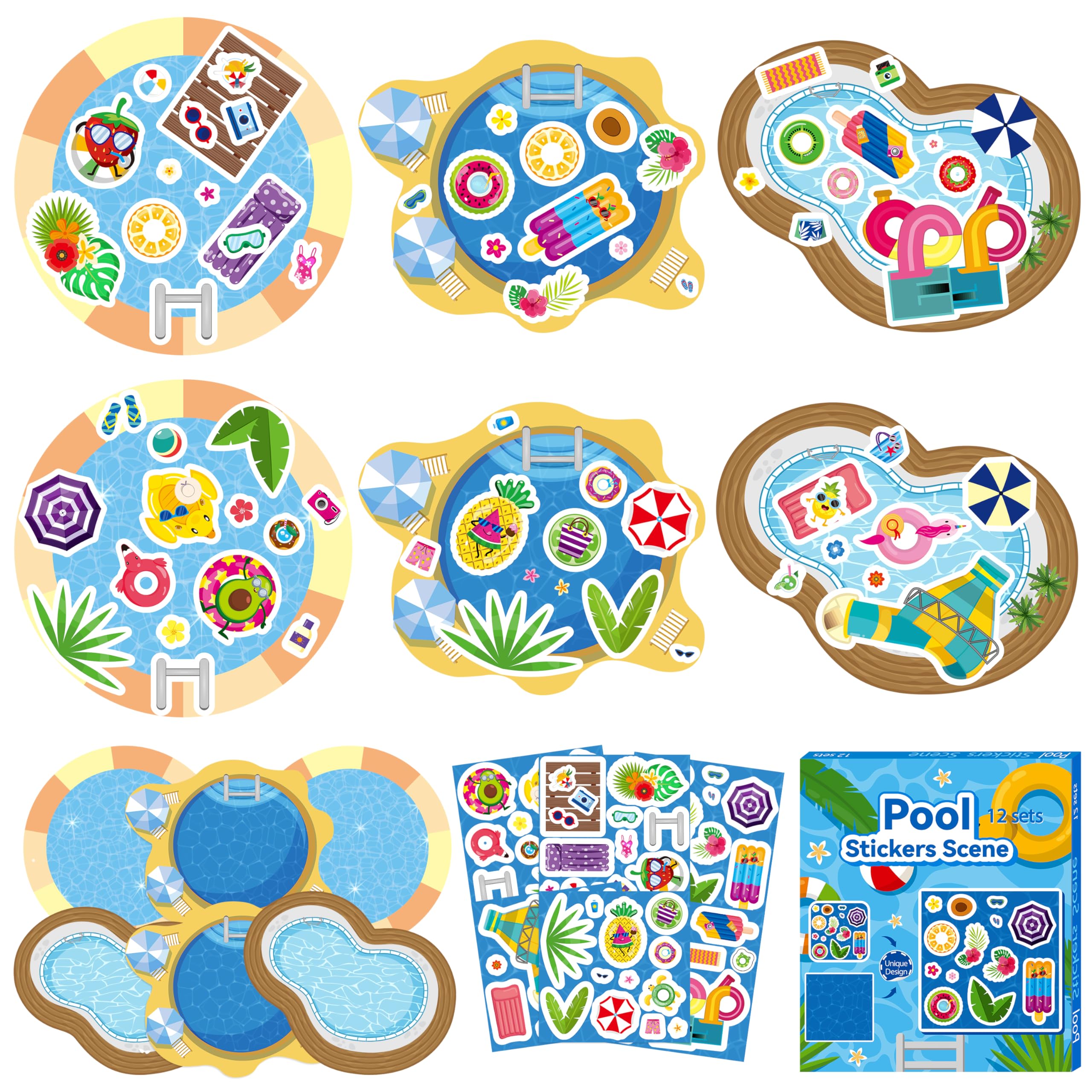 CY2SIDE Summer Pool Sticker Scene - 12 Set Make A Pool Scene Art Craft with Swimming Ring for Kids Make Your Own Swimming Sticker Art Craft DIY Summer