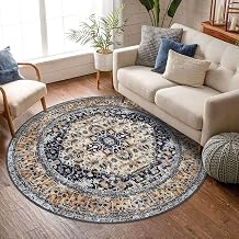 KOZYFLY Round Rug 6 Ft Rugs for Entryway Washable Circle Rug Non Slip Round Living Room Rugs Printed Faux Wool Vintage Round Dining Room Floor Carpet Floor Carpet, Gold/Orange/Navy