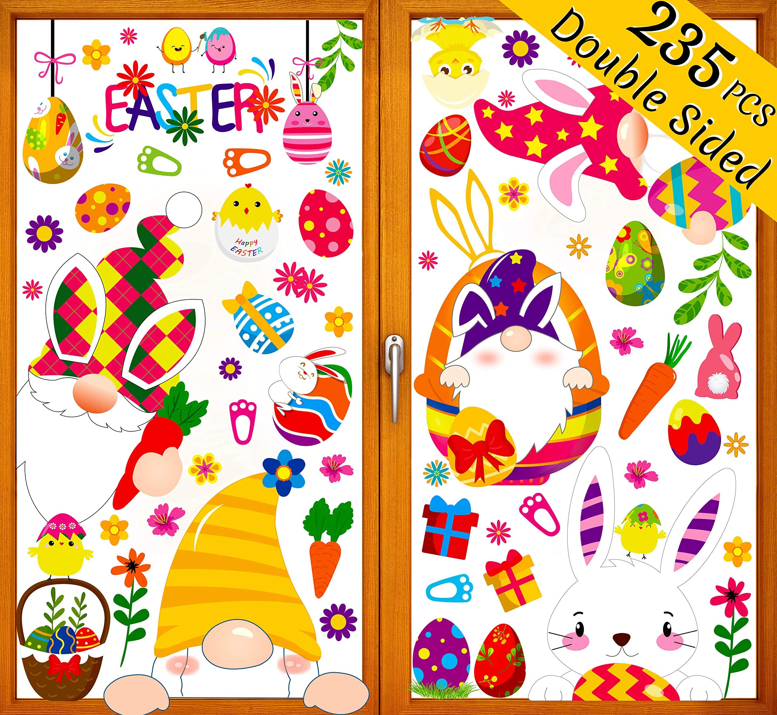 luck sea 235PCS Easter Decorations Window Clings - Gnome Bunny Egg Hunt Chick Peeking Decals for Glass Spring Party Decor