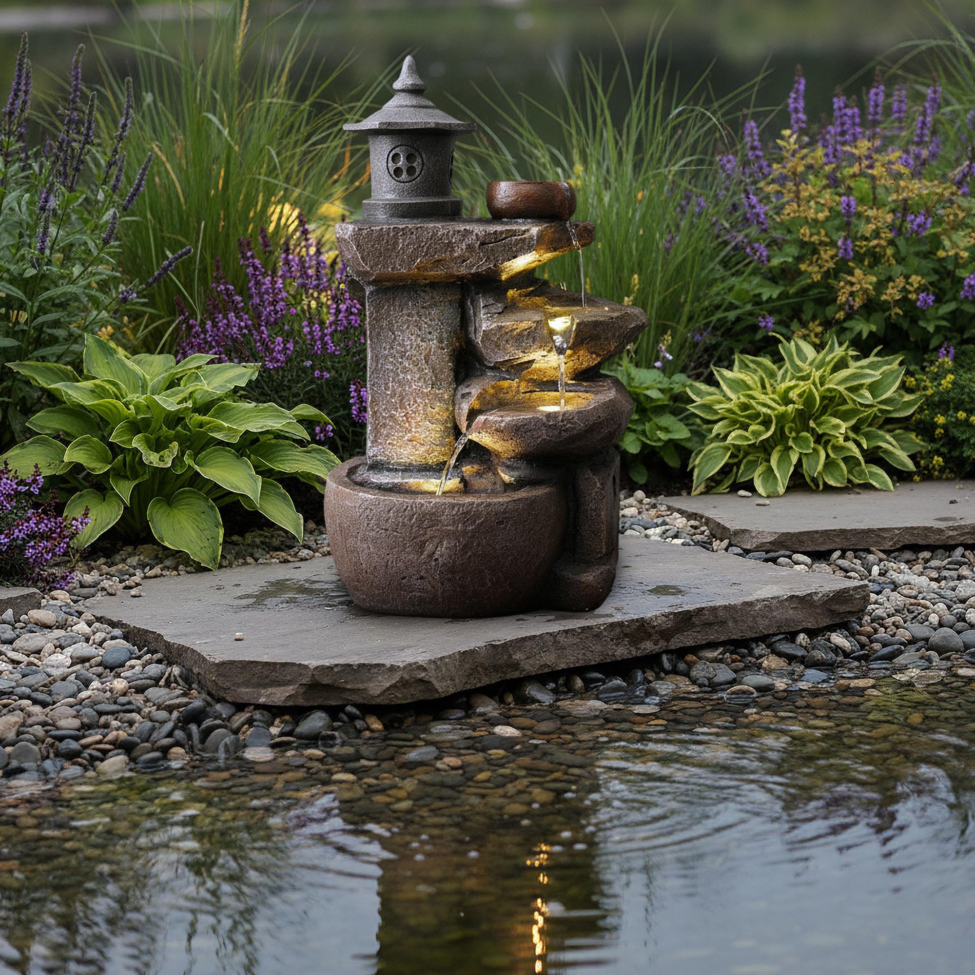 Arnusa Fuente BK851 Cascada con iluminación Fuente de jardín Fuente Interior Fuente en Cascada Fuente de terraza decoración, marrón Gris