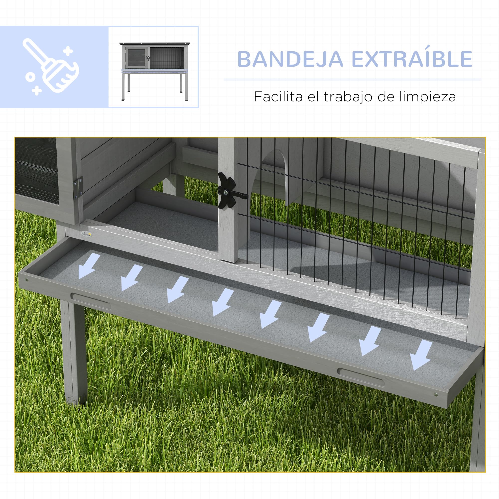 PawHut Conejera de Madera de Abeto Caseta Exterior Refugio para Animales Pequeños Conejos Cobayas con Techo Asfáltico y Bandeja Extraíble 84x43x70 cm Gris y Negro