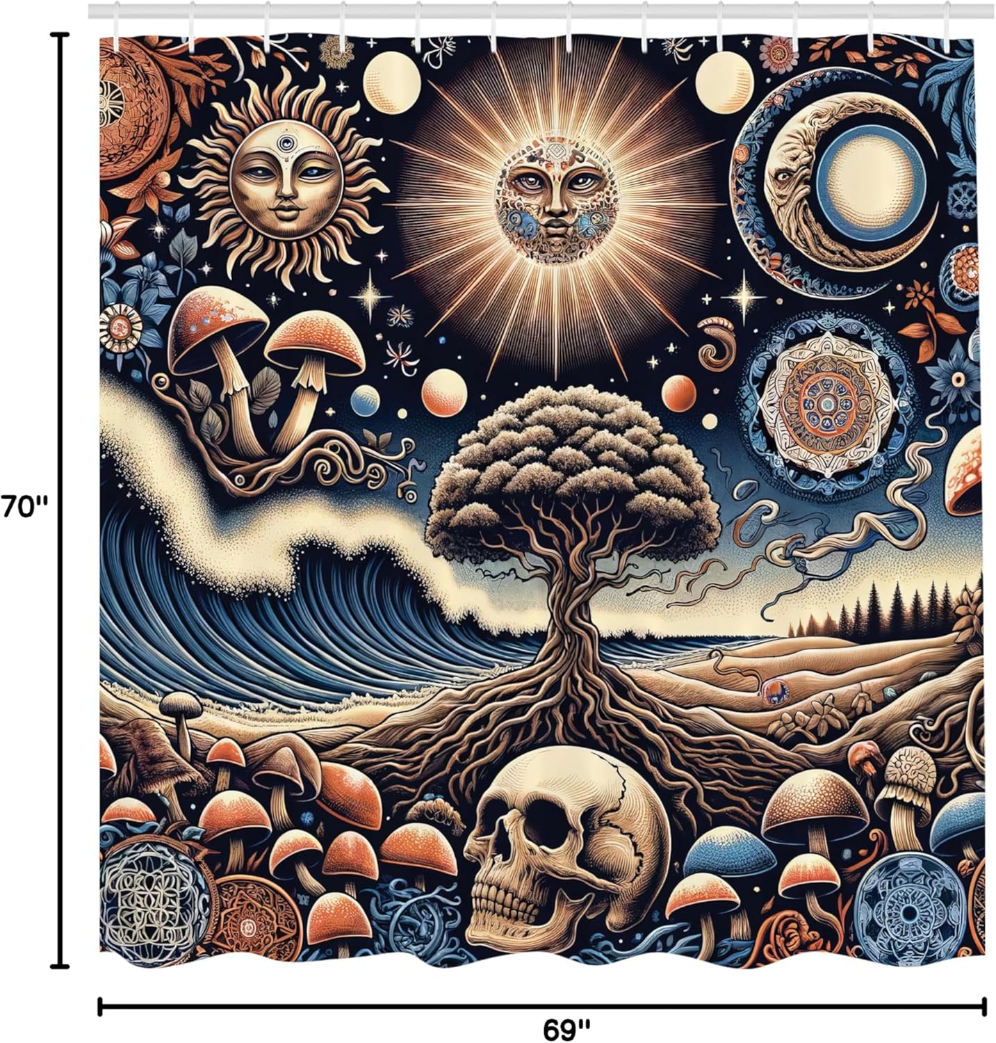 Ambesonne Bohemian Night Shower Curtain, Mushroom Ethnic Details Sun Waves Trees Psychic Style Art, Cloth Fabric Bathroom Decor Set with Hooks, 69" W x 70" L, Blue Eggshell and Dark Salmon
