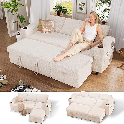 Vipbear Sofá cama cama, sofá extraíble de 82 pulgadas con respaldo reclinablediván de almacenamiento reversible, sofá en forma de L 3 en 1 con