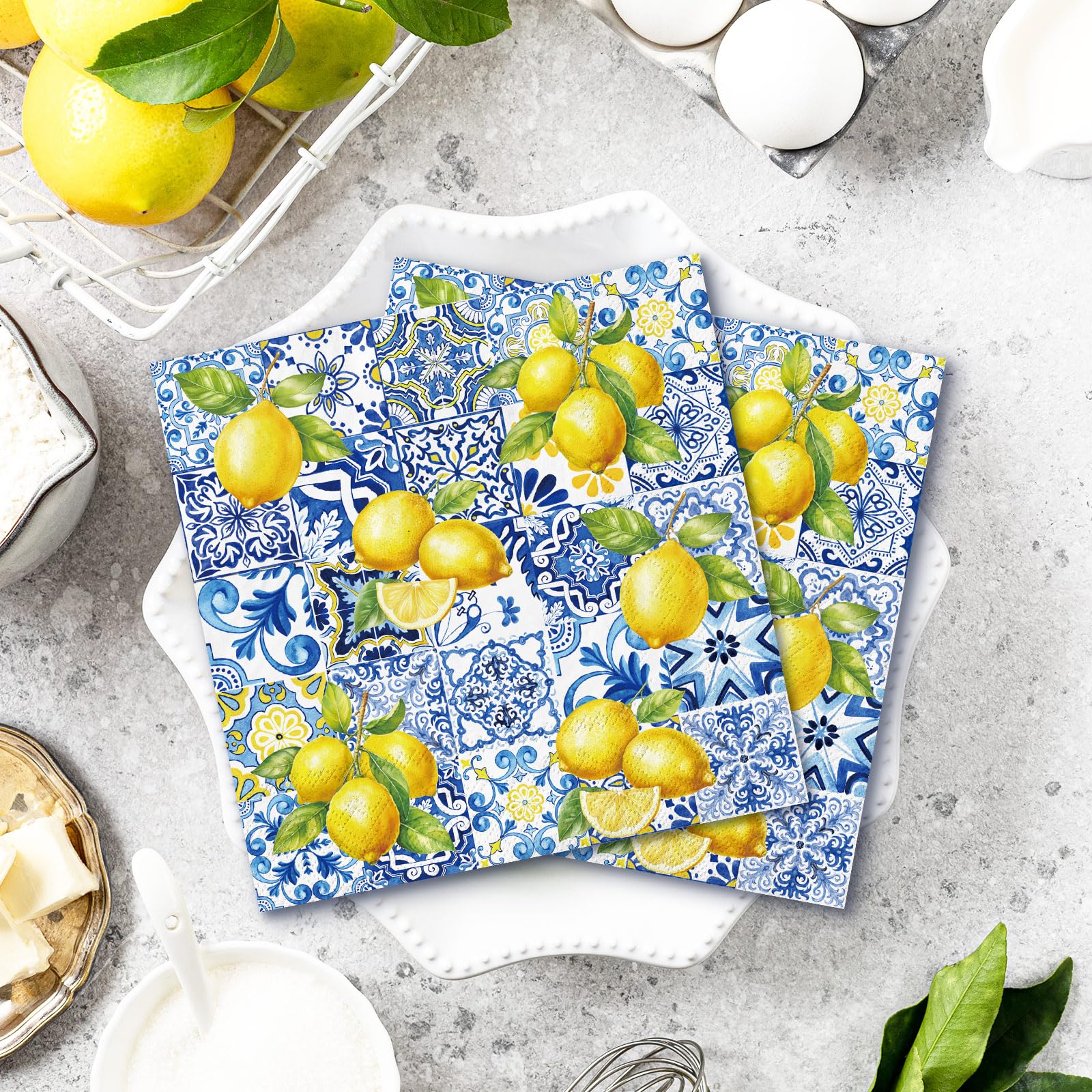 JarThenaAMCS Cocktail-Servietten, Motiv: Ziegel, Zitrone, Blau, Gelb, Einweg-Papierservietten, Sommer-Getränke-Servietten für Bar, Party, Tischdekoration, 80 Stück
