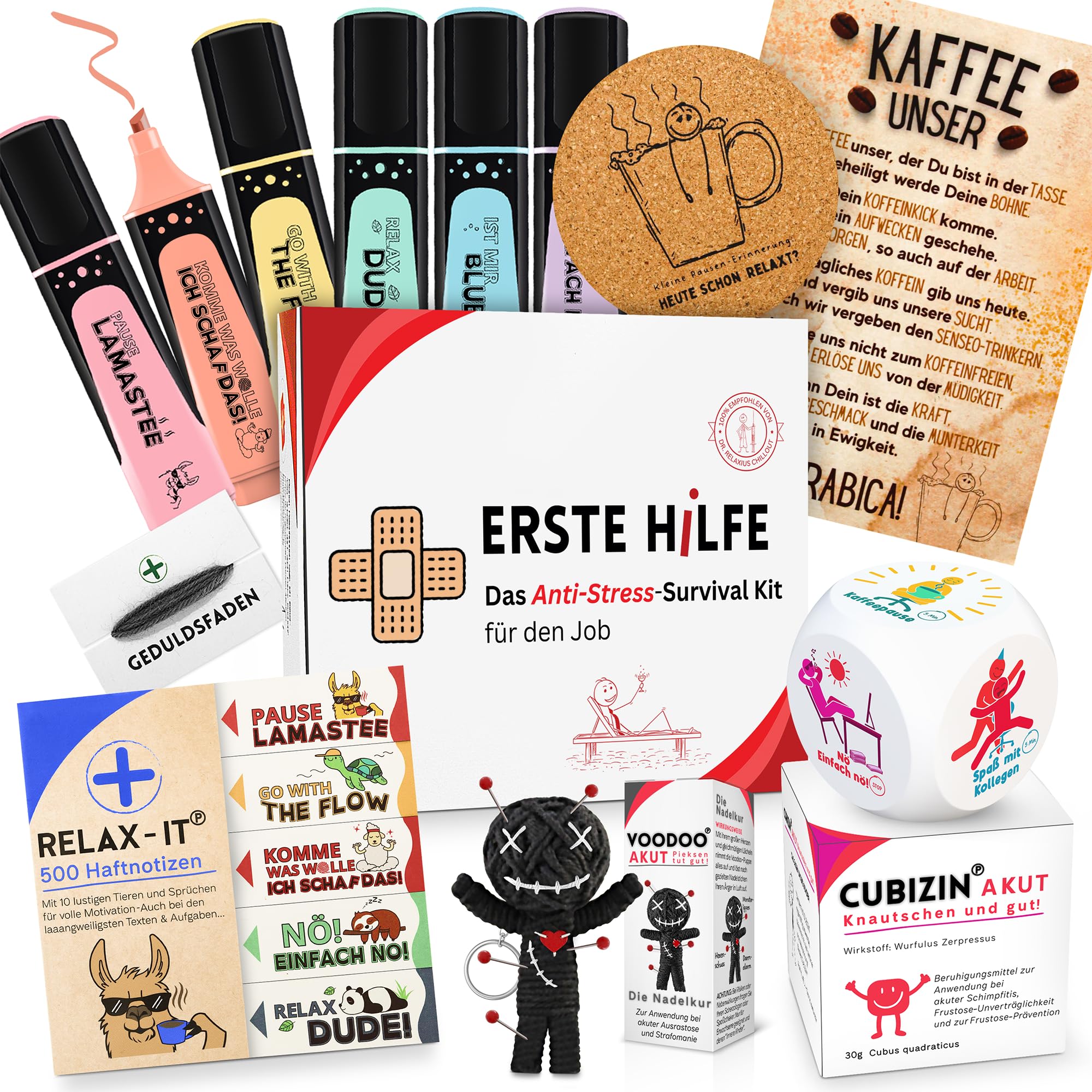 GLÜCKSGUT® Geschenkbox | ERSTE Hilfe für den Job | Lustige Bürobox mit 6 witzigen Helfern | Geschenk Kollegen, Chef, Abschied | Voodoo Puppe, Anti Stress Würfel, Textmarker, Post it´s, Geduldsfaden