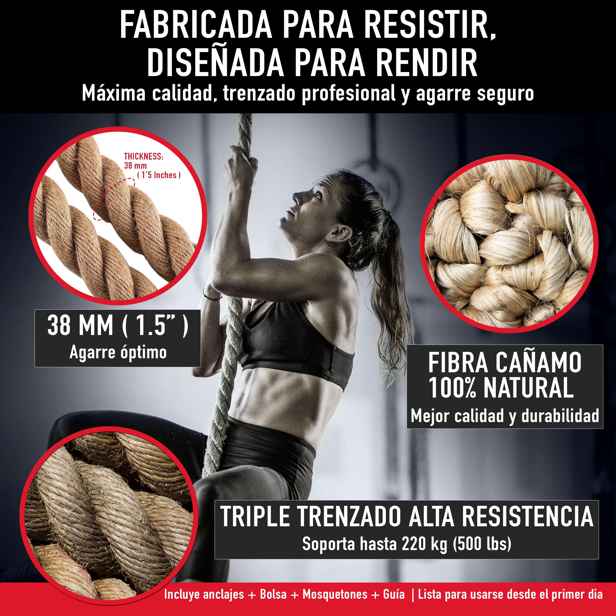 Cuerda para trepar de Yute 38 milímetros, 3-6 Metros – SOGA Crossfit, Batalla o Battle Rope, gimnasios, Bomberos – con Gancho para Aire Libre, Entrenamiento de Fitness y Fuerza