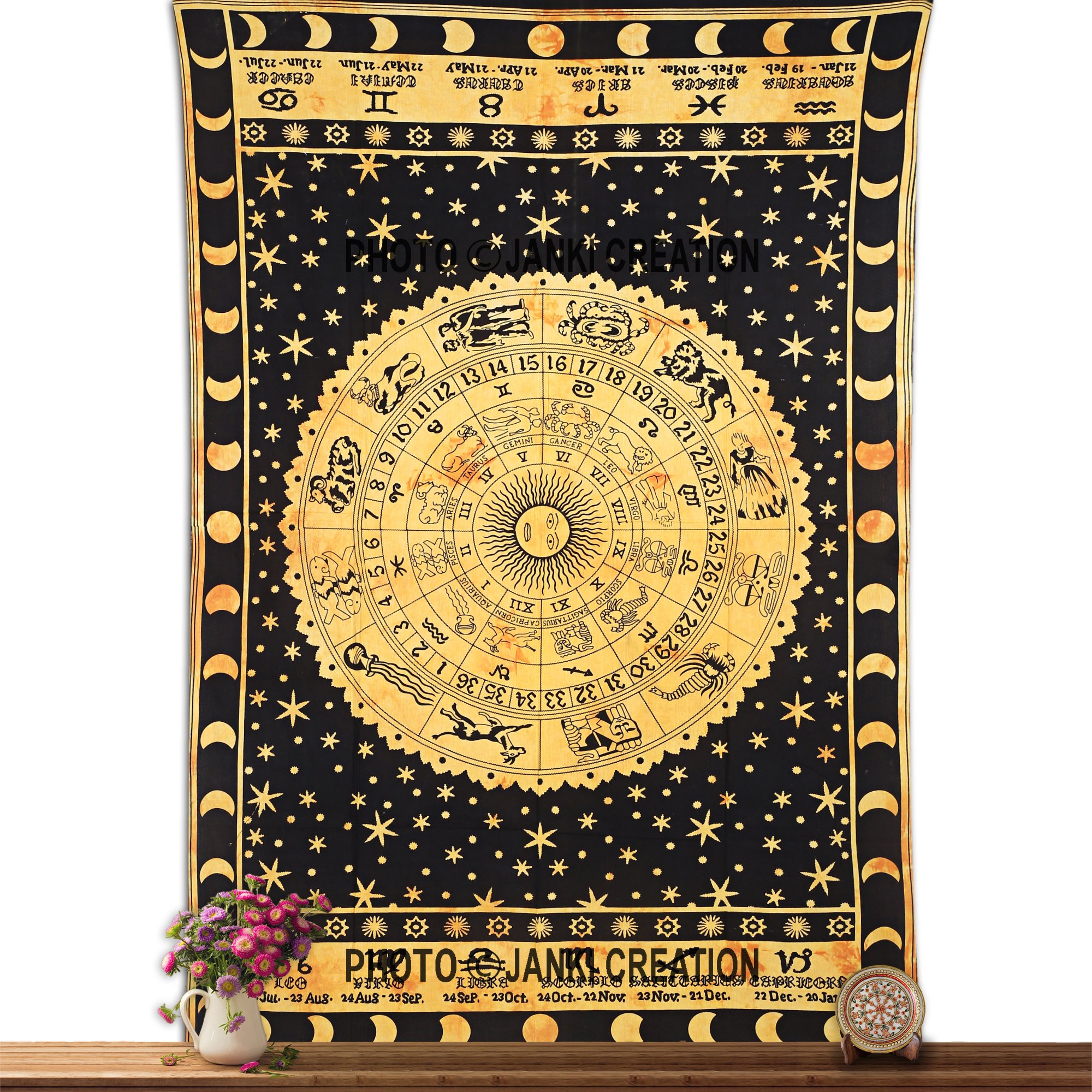 Yellow Twin Single Astrology Tapestry Wall Hanging Indian Cotton
