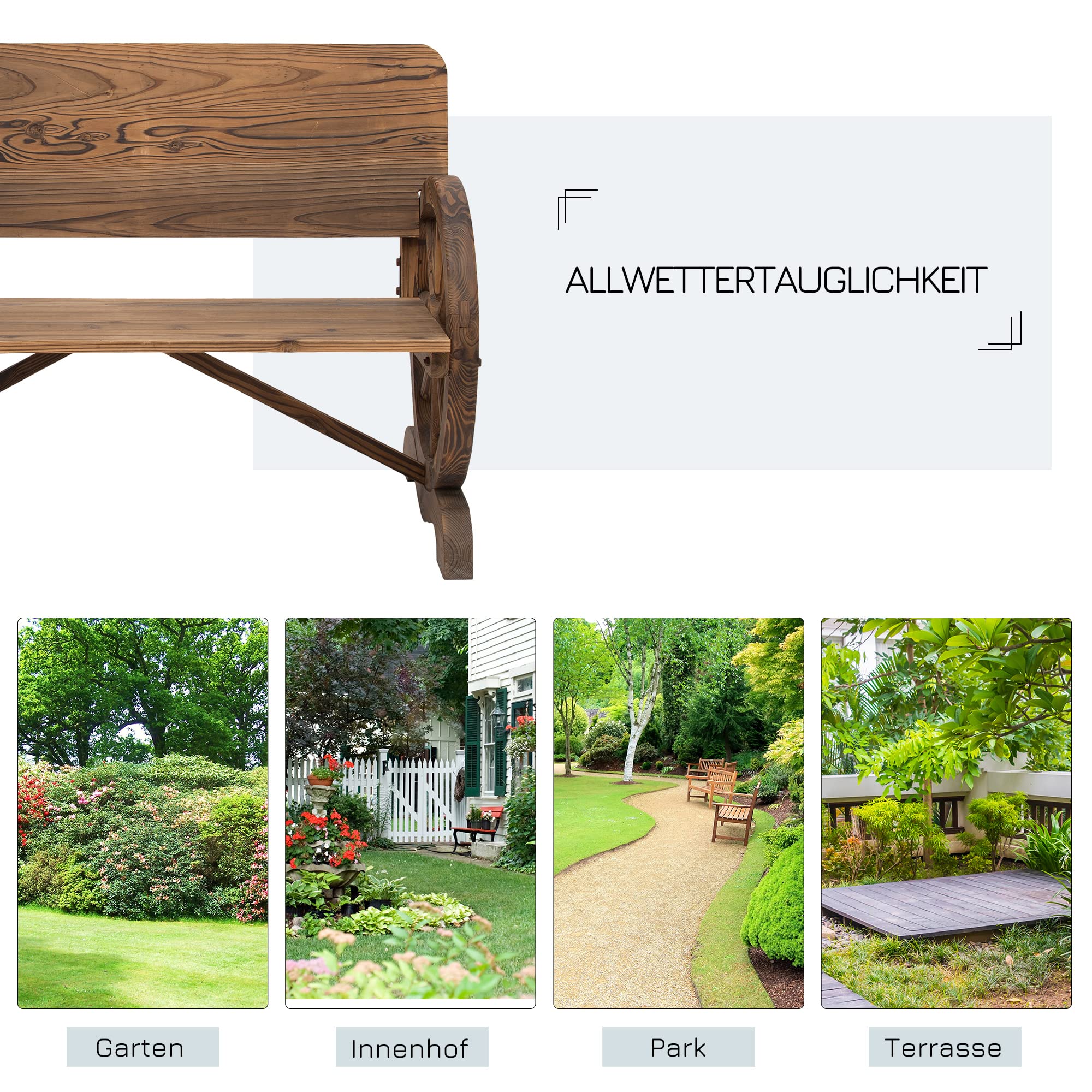 Outsunny 2-Sitzer Gartenbank Massivholz mit Armlehne, Sitzbank mit Wagenräder-Design, Gartenmöbel 250kg belastbar, Rustikale Bank, 114 x 58 x 80 cm, Braun