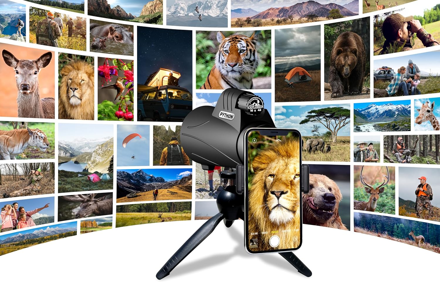 Python 10x42 mm Explorer Monocular Telescope with Smartphone Adapter & Tripod, High Powered Monocular Telescope - Black