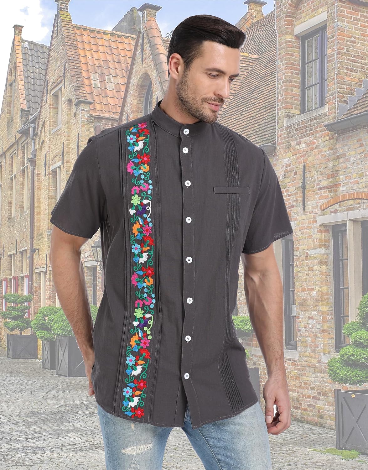 YZXDORWJ Men's Mexican Cuban Shirt Embroidered Traditional Button Down Shirt Summer Band Collar Short Sleeve Tops