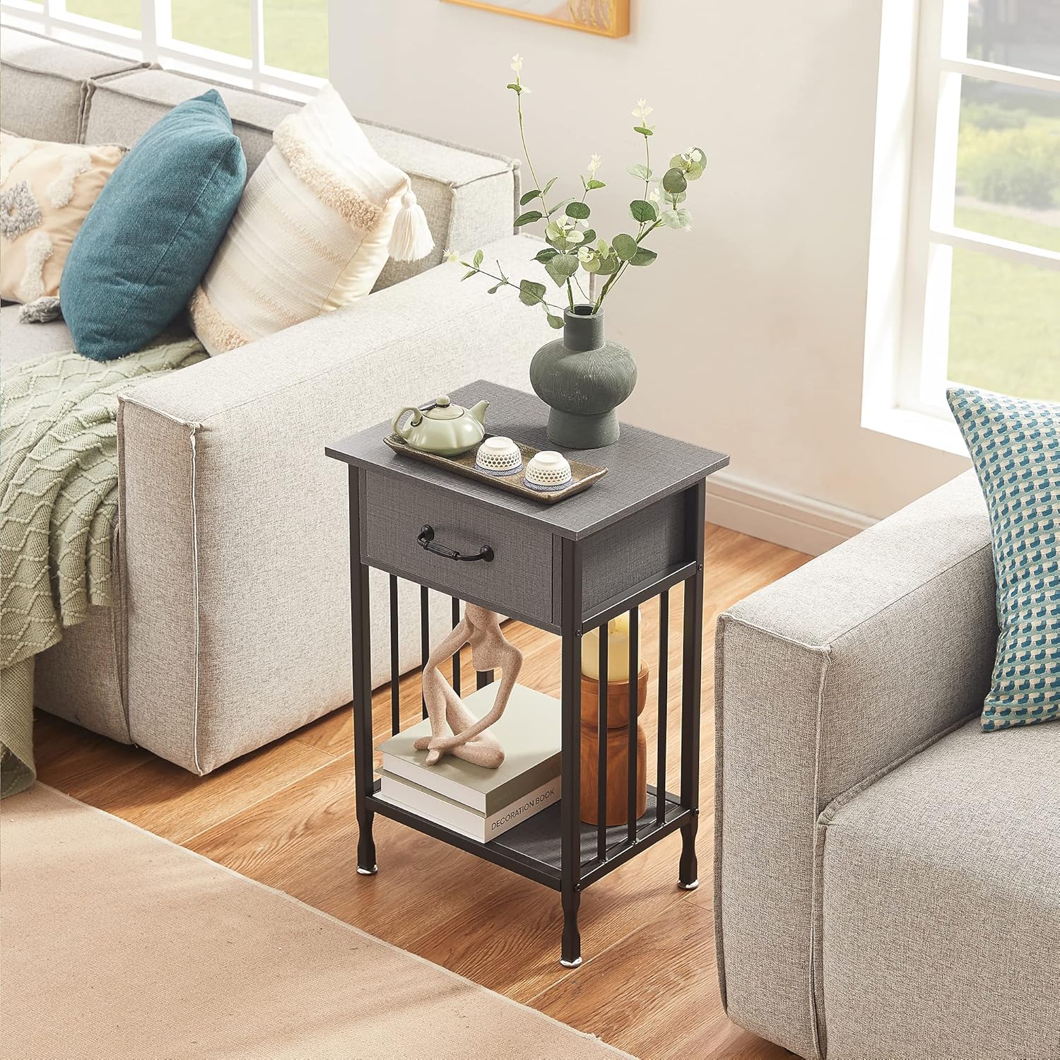 VECELO Nightstands, Industrial Side Table/End Tables with Drawer and Storage Shelf, Night Stands for Bedroom, Living Room, Wood Metal Furniture, Easy Assembly