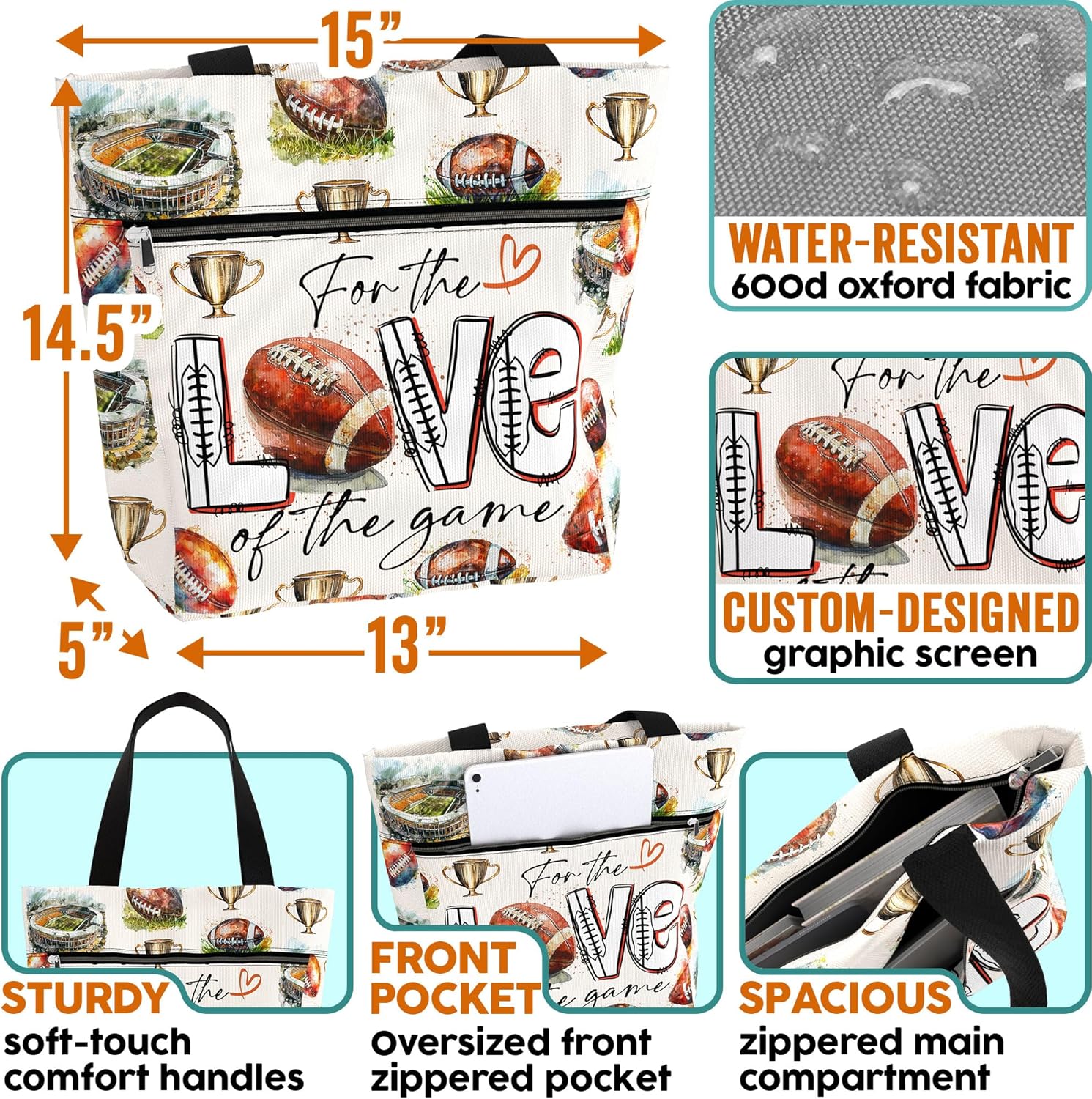 84hoods Waterproof Tote Bag with Pockets and Zipper for Work. Shoulder Bag for Women. Gift for Football Player Lover Fan. - Image 4