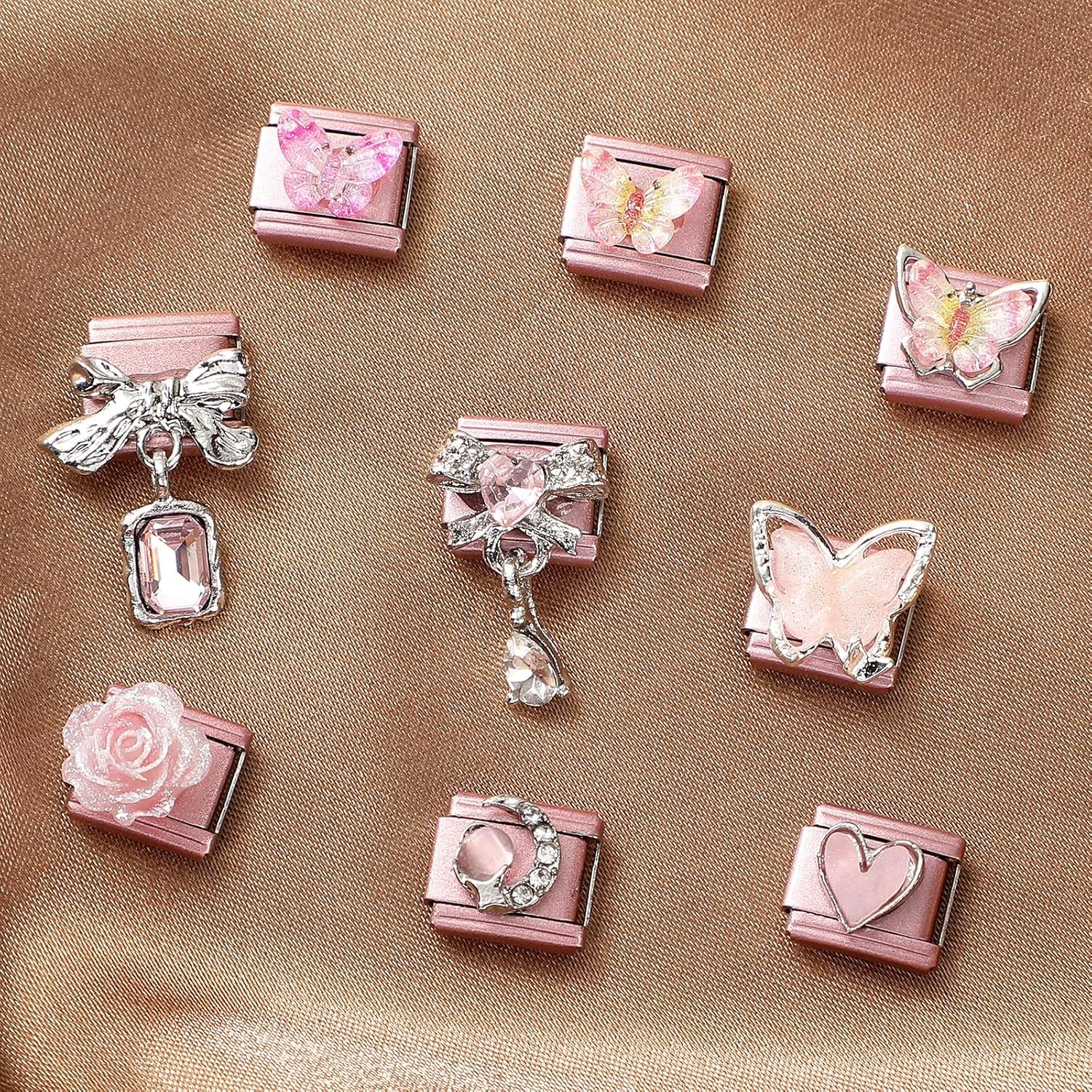 papasgix 12Pcs Italian Charms Set, 10mm*9mm Silvery Italian Charm Bracelet Link Pink Purple Stainless Steel DIY Jewelry Gifts