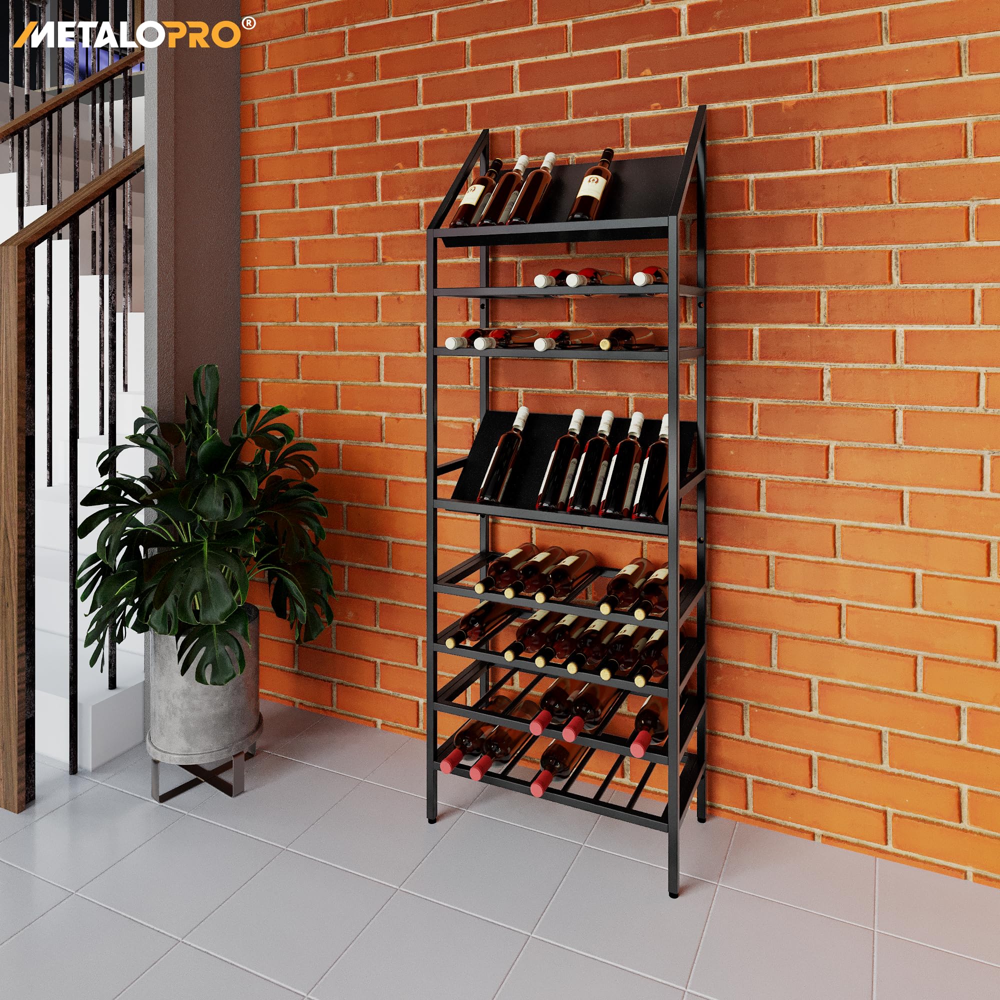 Botellero de metal para 56 botellas de vino, diseño robusto, soporte para cocina, sótano o bar, color negro, 170 x 30 x 60 cm
