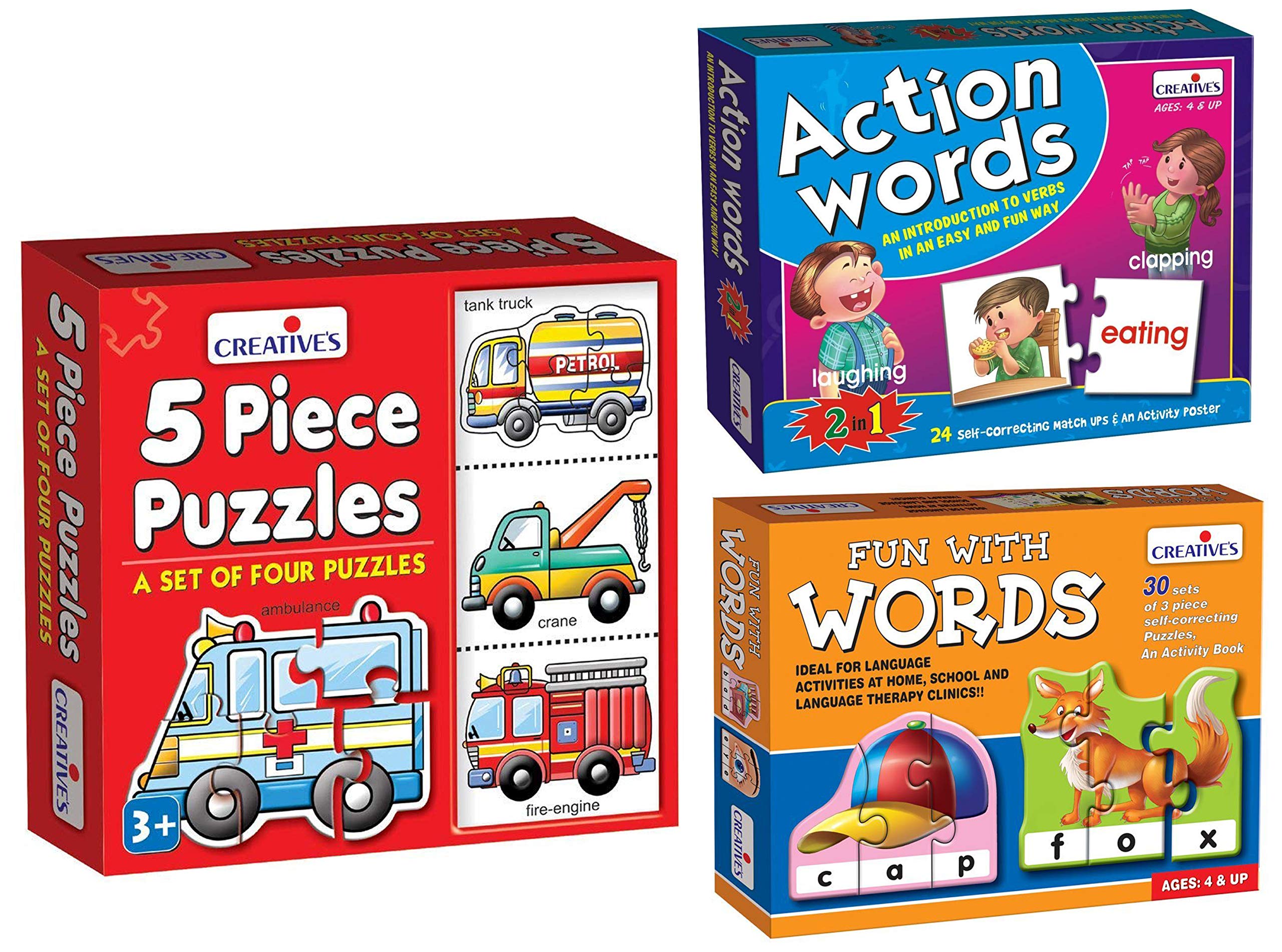 Creative Educational Aids P. Ltd. - Fun with Words Puzzle (Multi-Color, 90 Pieces) & Action Words Puzzle (Multi-Color) & Puzzles (5 Piece)