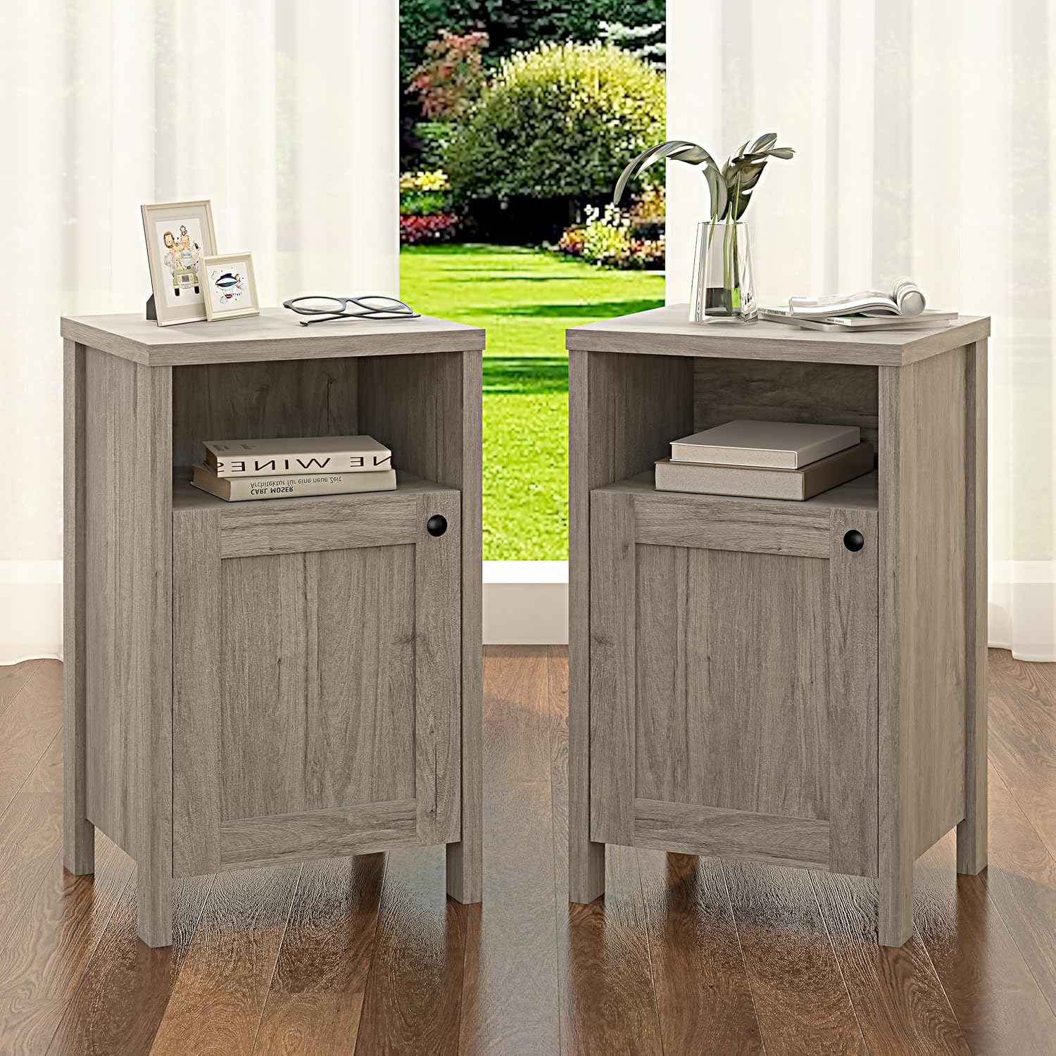 furtble Nightstands Set of 2, Farmhouse Sofa Side Table Nightstand with Storage Shelf, Wood Bedside Tables Tall Furniture for Bedroom, Grey Oak