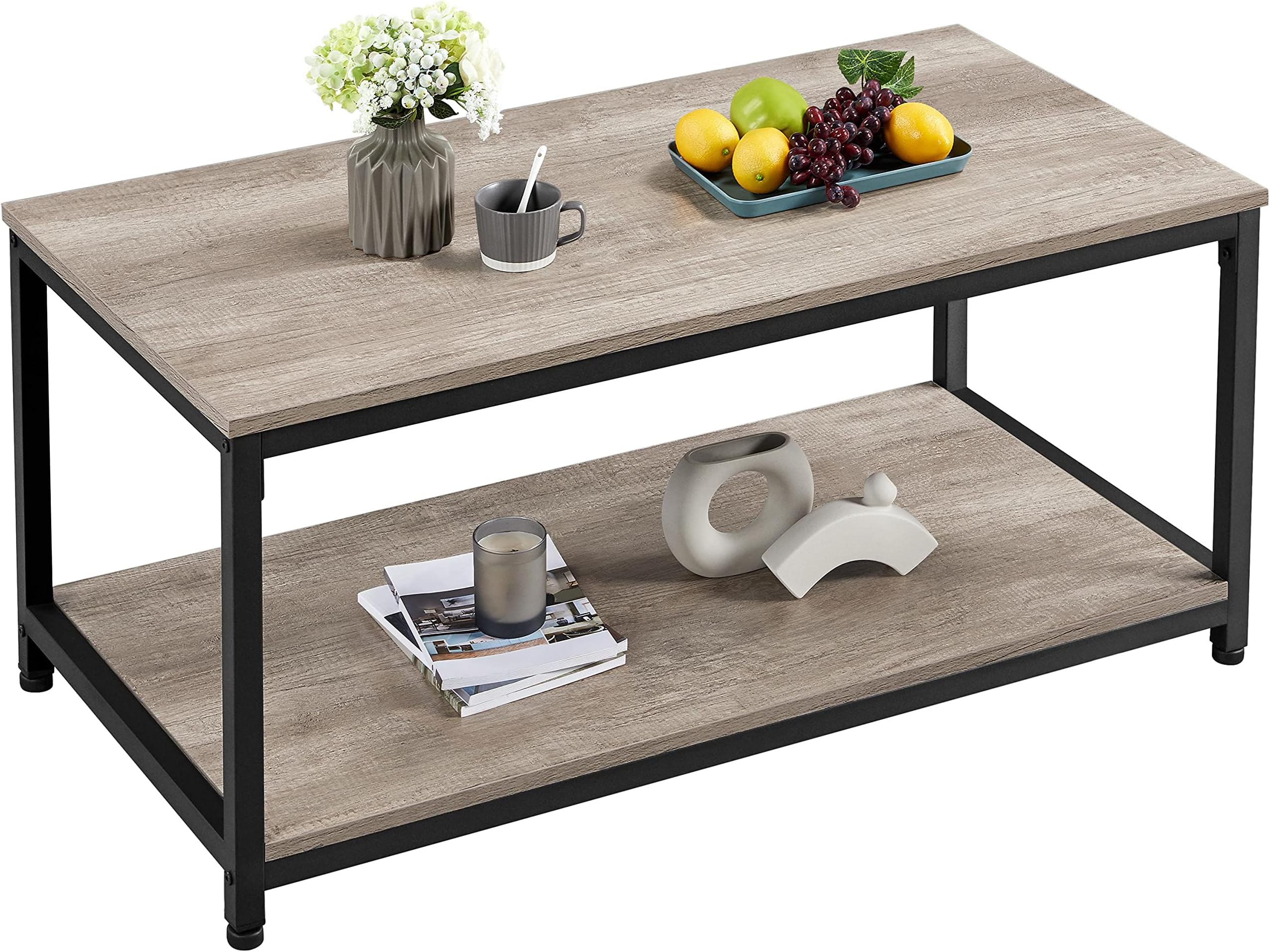Yaheetech Industrial Coffee Table for Living Room, Large Side Table with Metal Leg and Storage Shelf, Grey, 100x50x45cm
