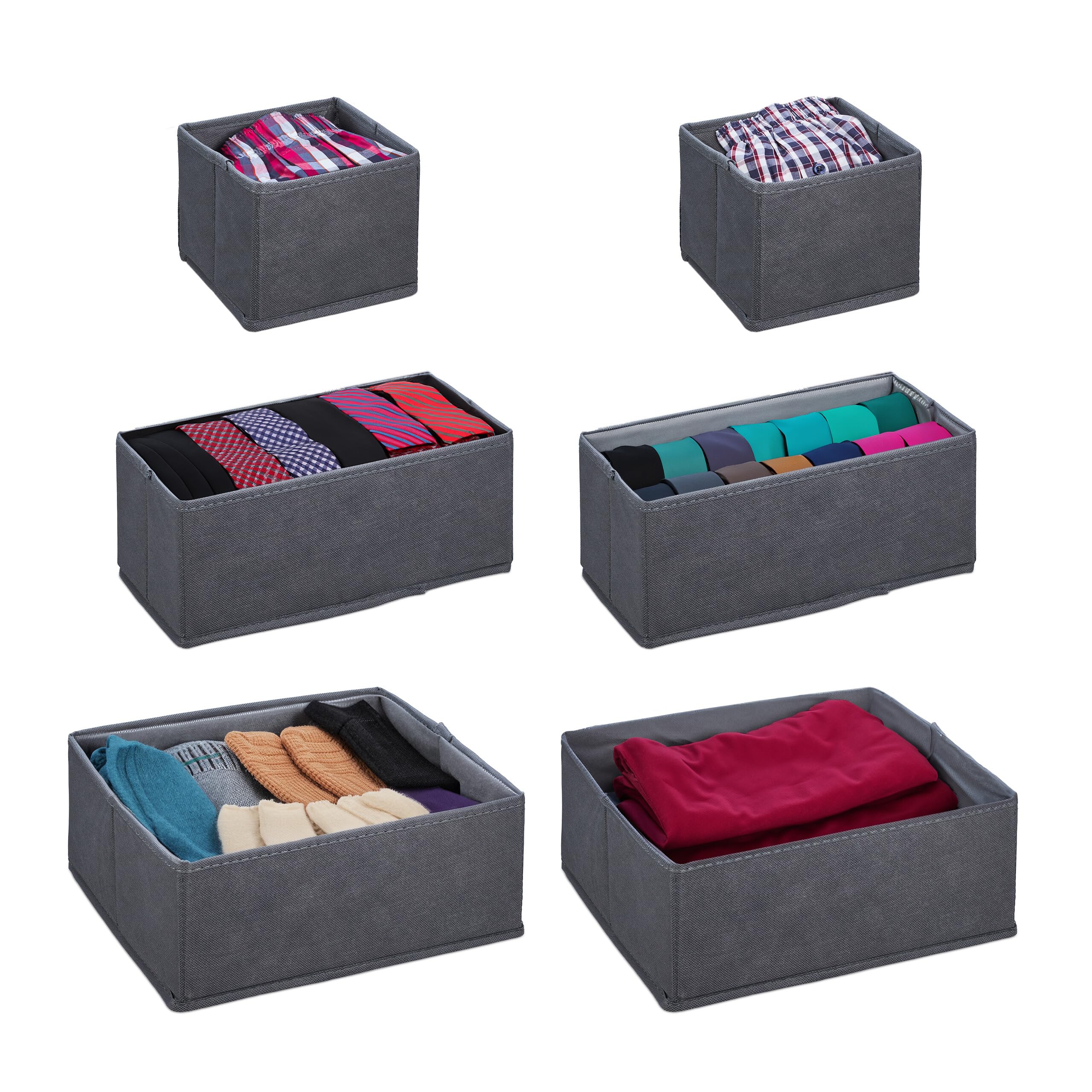 Relaxdays 6‑teiliger Schubladen-Organizer, faltbar, grau – 3 Größen (2 L, 4 L, 8,5 L), je 2 Boxen pro Größe