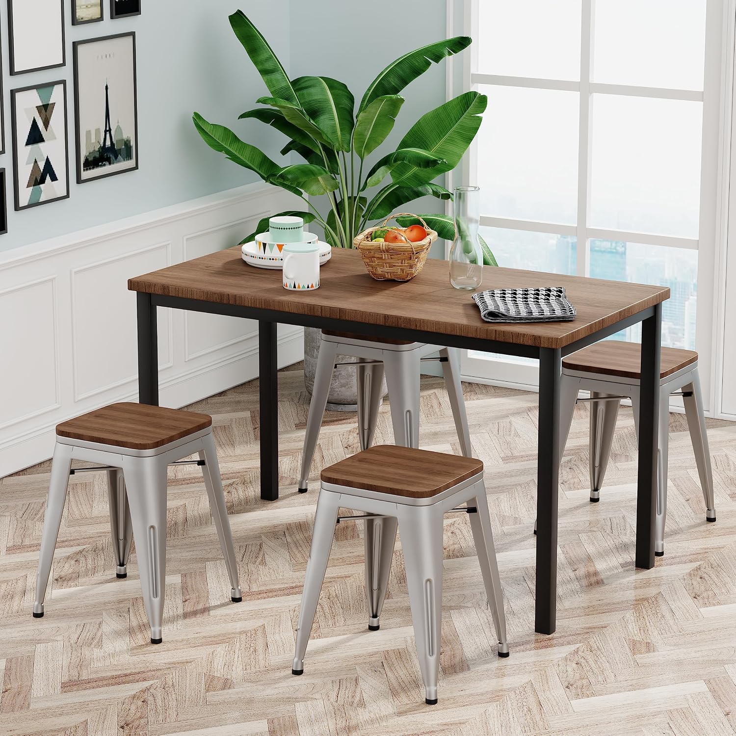 18 Inch Short Stools for Classroom Stools Set of 4 Dining Chairs Metal Barstools Back to School Stackable Industrial Short Stool Silver