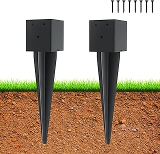 2 Pcs 4"x4" Fence Post Anchor Ground Spike,(Internal 3.6"x3.6"),Metal Post Stake Ground 16" with Black Powder-Coated,Fence Stakes Post Base for Deck,Fence,Porch,Railing,Mailbox.