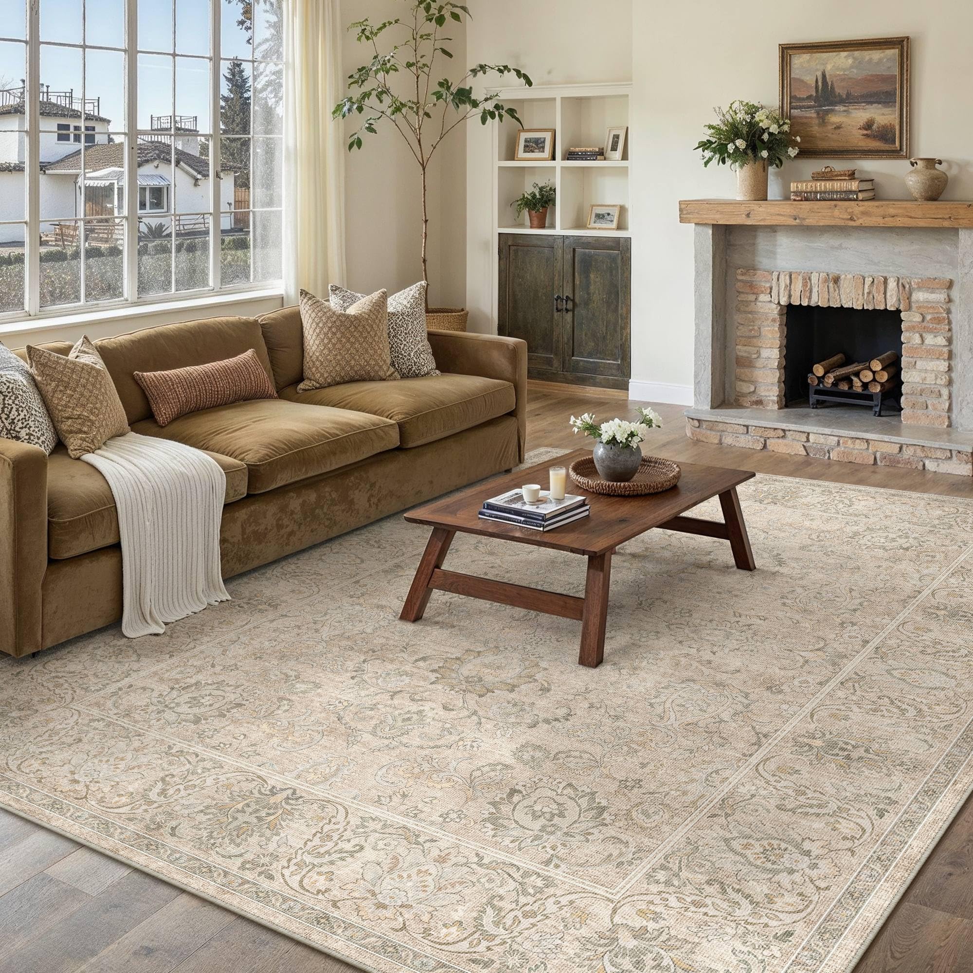 HUGEAR 6x9 Machine Washable Area Rugs Vintage Beige - Neutral Living Room Bedroom Rug Non Slip Stain Resistant Low Pile Aesthetic Throw Carpet Kids & Pet Friendly