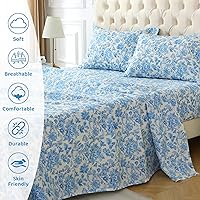 Vista 3 de Mooreeke Cómodo juego de sábanas de tamaño individual, floral, de microfibra, estampado, suave y transpirable, azul y beige, bajera ajustada que