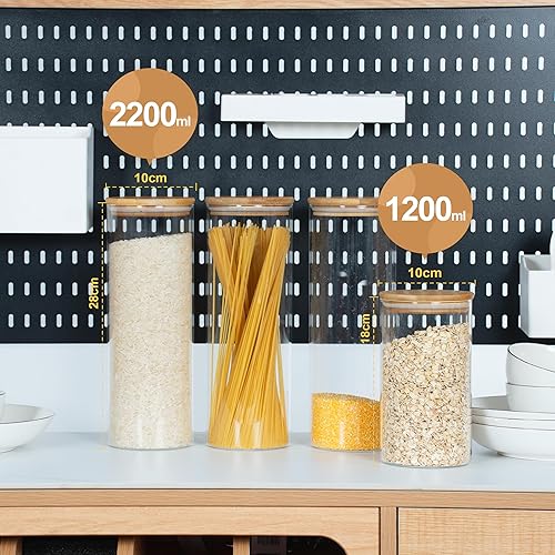 Miniatura 9 de Tarros de almacenamiento herméticos cilíndricos rectos de 70 onzas con tapa de bambú, juego de 3 tarros de vidrio, recipiente de cocina para fideos,
