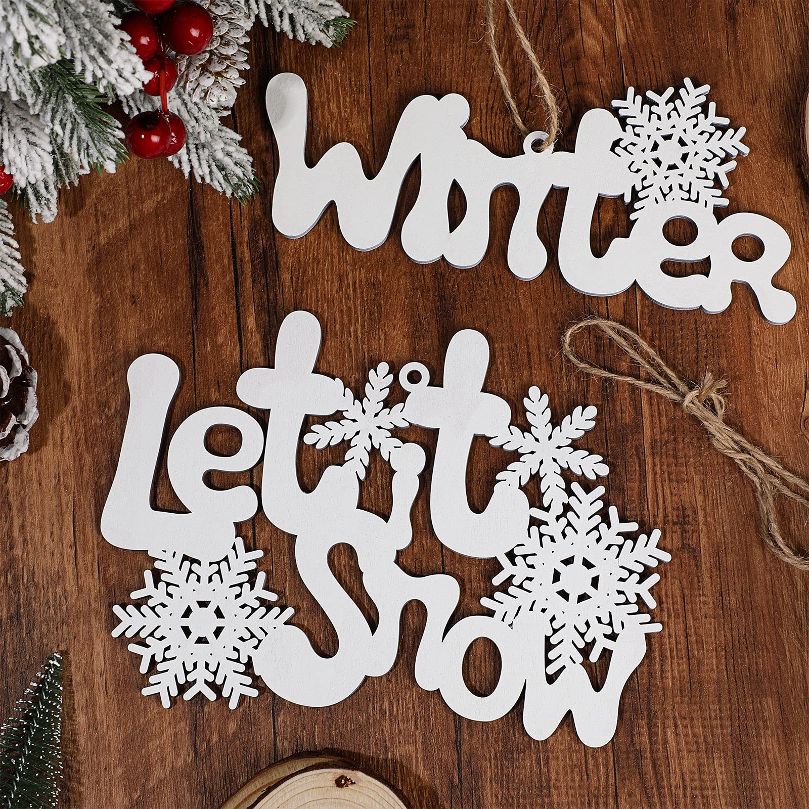 Blulu 2 Pieces Christmas Wooden Letters Let It Snow Wall Art Winter Wood Sign Cut Out Wall Sign Farmhouse Christmas Decor for Christmas Indoor Outdoor Hanging Ornament