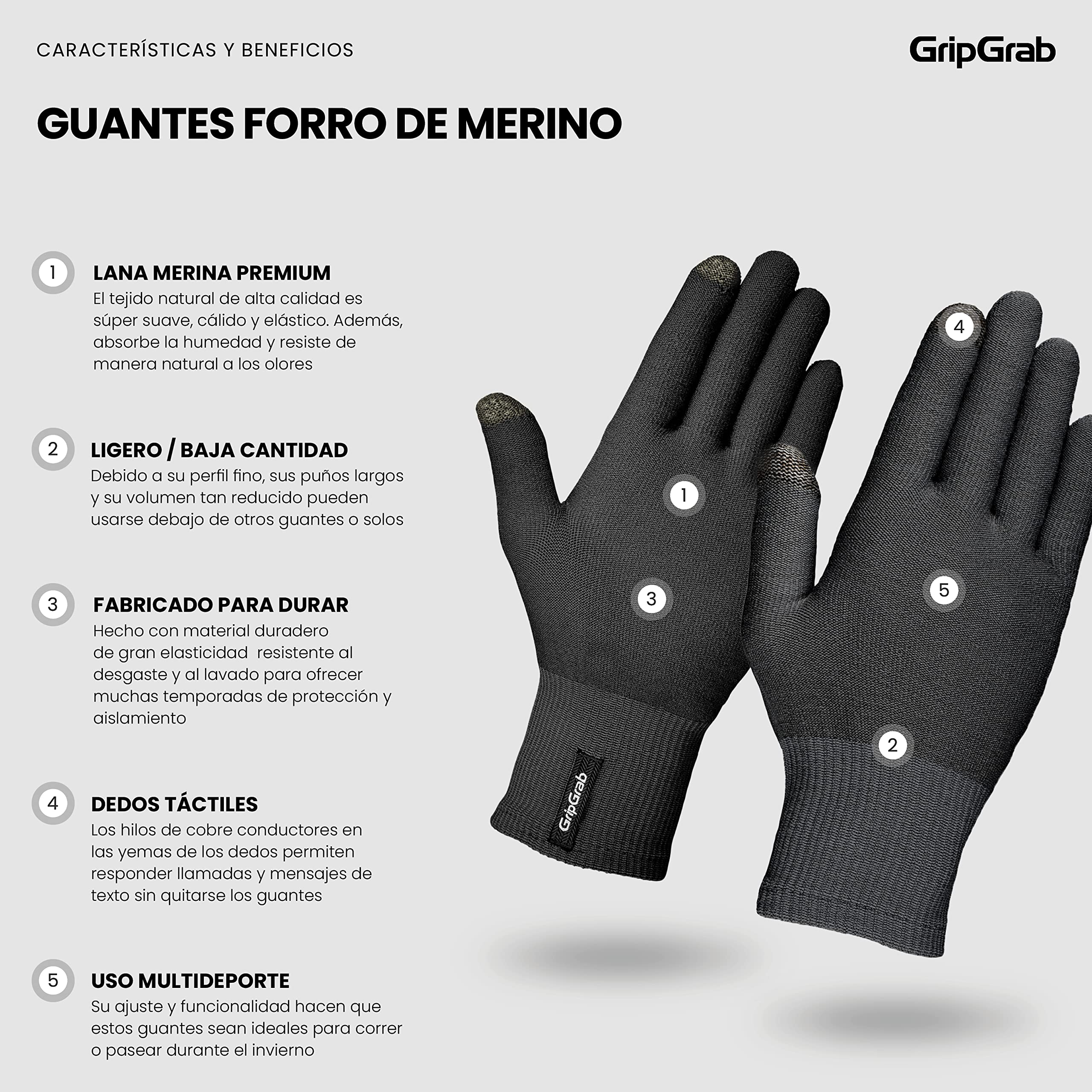 GripGrab Guantes Interiores Merino Liner Ciclismo Sotoguantes Lana Merino de Invierno Largos Bicicleta Térmicos Táctiles
