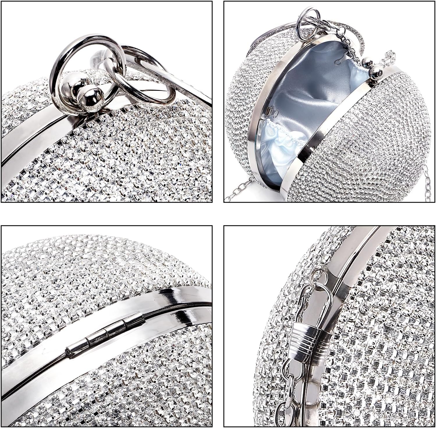 Suwimut Disco Ball Clutch Purse for Women, Silver Round Rhinestone Evening Bag, 4.9 Inch Crystal Sparkling Party Handbag with Long Chain for Lady Wedding Engagement Decoration Gift Supplies
